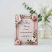 Save The Date - Pink Roses & Doves Wedding Aankondigingskaart (Staand voorkant)