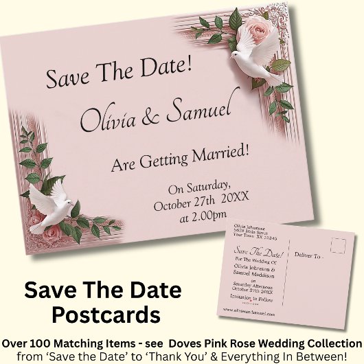 Save The Date - Pink Roses & Doves Wedding Aankondigingskaart
