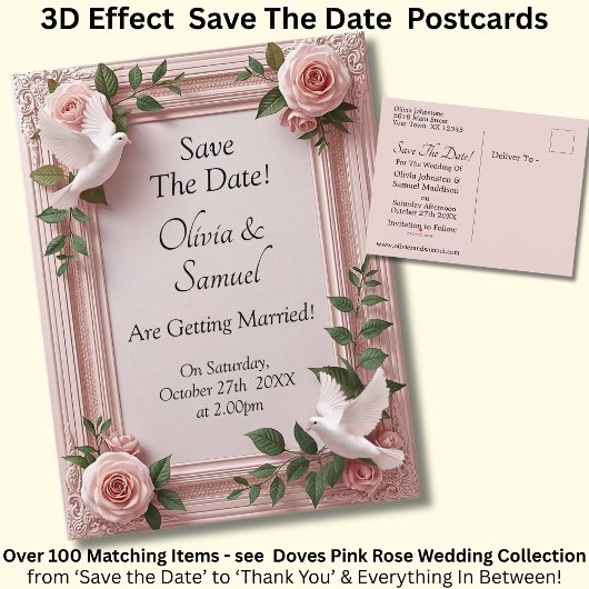 Save The Date - Pink Roses & Doves Wedding Aankondigingskaart