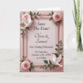 Save The Date - Pink Roses & Doves Wedding Kaart (Voorkant)