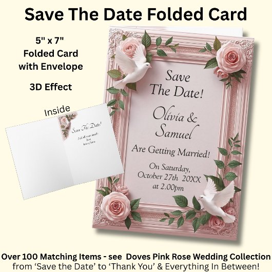 Save The Date - Pink Roses & Doves Wedding Kaart