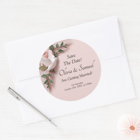 Save The Date - Pink Roses & Doves Wedding Ronde Sticker (Envelop)