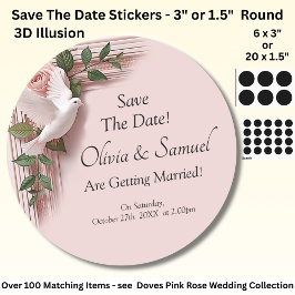 Save The Date - Pink Roses & Doves Wedding Ronde Sticker