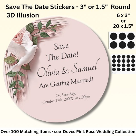 Save The Date - Pink Roses & Doves Wedding Ronde Sticker