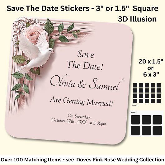 Save The Date - Pink Roses & Doves Wedding Vierkante Sticker