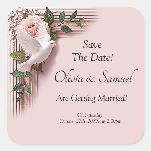 Save The Date - Pink Roses & Doves Wedding Vierkante Sticker (Voorkant)