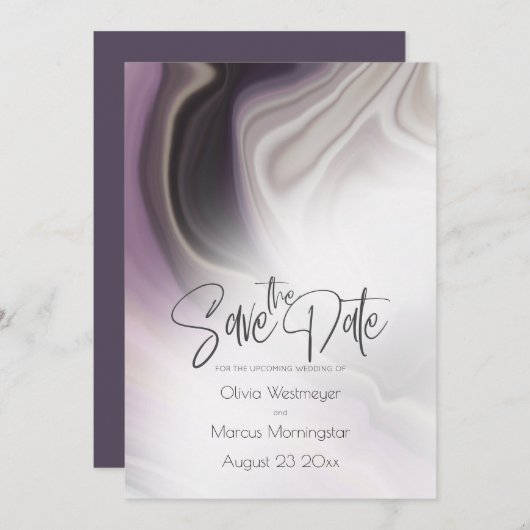 Save the date | Plum Misty Marble Kaart (Voorkant / Achterkant)