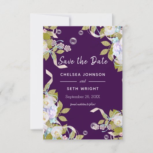 Save the Date Plum Purple and Spring Floral (Voorkant)