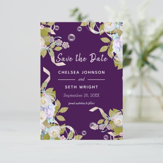 Save the Date Plum Purple and Spring Floral (Staand voorkant)