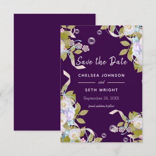 Save the Date Plum Purple and Spring Floral (Voorkant / Achterkant)