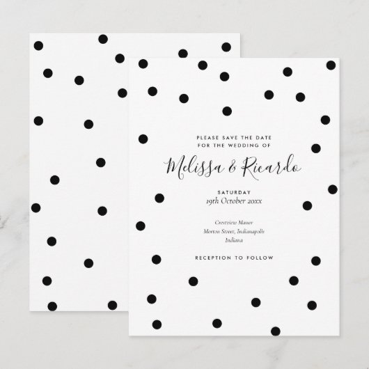 Save the Date Polka Dots Elegant Zwart-wit Aankondigingskaart (Voorkant / Achterkant)
