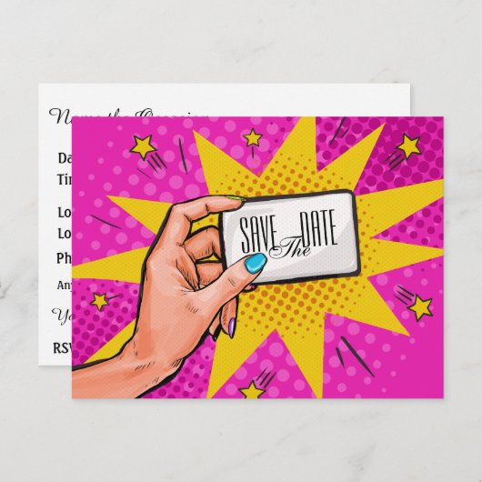 Save the Date Pop Art Briefkaart Invitation (Voorkant / Achterkant)