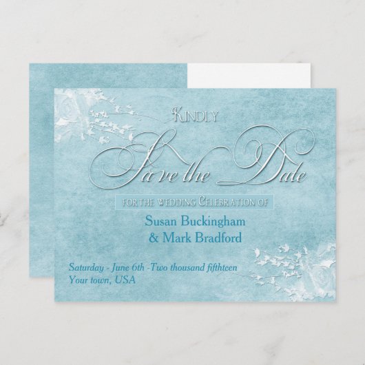 SAVE THE DATE -POST-KAART Blue Elegance Wedding Aankondigingskaart (Voorkant / Achterkant)