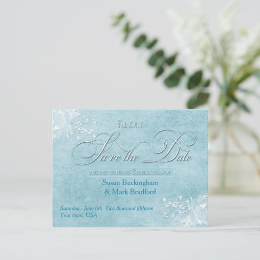 SAVE THE DATE -POST-KAART Blue Elegance Wedding Aankondigingskaart (Staand voorkant)