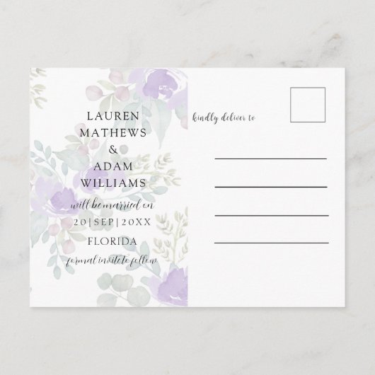 Save the Date Purple Floral Wedding Aankondigingskaart (Achterkant)