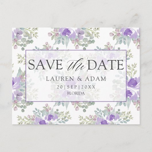 Save the Date Purple Floral Wedding Aankondigingskaart (Voorkant)