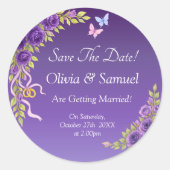Save The Date -Purple Mauve Flowers & White Ronde Sticker (Voorkant)