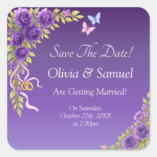 Save The Date -Purple Mauve Flowers & White Vierkante Sticker (Voorkant)