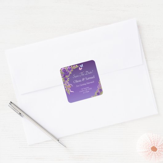Save The Date -Purple Mauve Flowers & White Vierkante Sticker (Envelop)