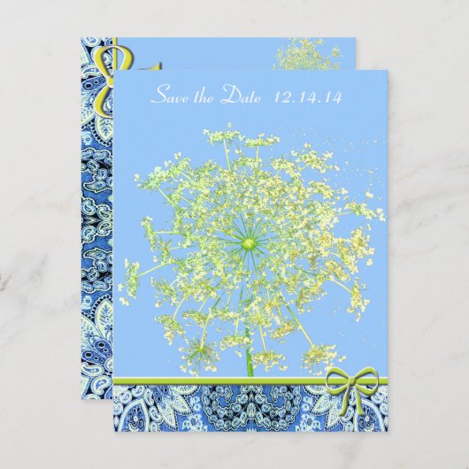 Save The Date Queen Anne's Lace Lapis Blauw Groen Aankondigingskaart (Voorkant / Achterkant)