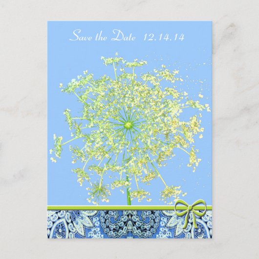 Save The Date Queen Anne's Lace Lapis Blauw Groen Aankondigingskaart (Voorkant)