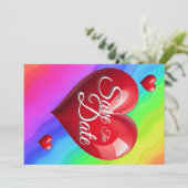 Save The Date Regenboog Bruiloft Rood 3 Harten Kaart (Staand voorkant)