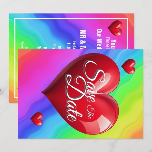 Save The Date Regenboog Bruiloft Rood 3 Harten Kaart (Voorkant / Achterkant)