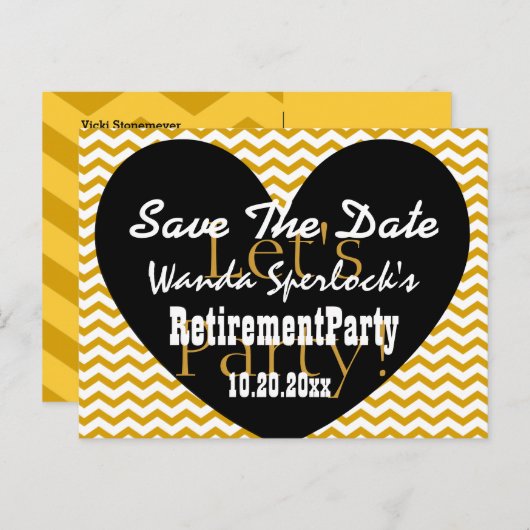 Save the Date RETIREMENT PARTY Gold Black Heart V3 Aankondigingskaart (Voorkant / Achterkant)