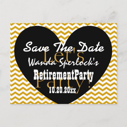 Save the Date RETIREMENT PARTY Gold Black Heart V3 Aankondigingskaart (Voorkant)