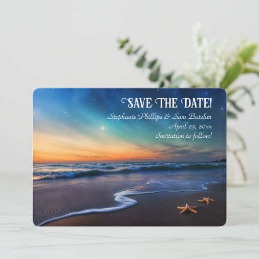 Save the Date Romantic Beach Fantasy Starfish Kaart (Staand voorkant)