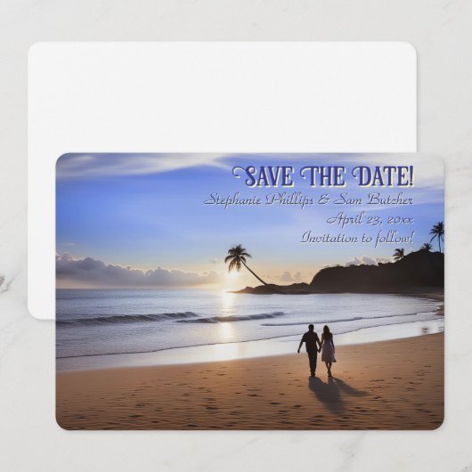 Save the Date Romantic Couple on Beach Kaart (Voorkant / Achterkant)