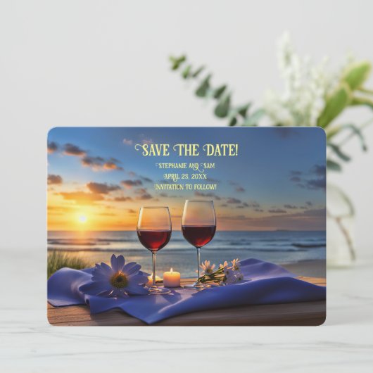 Save the Date Romantische Beach Wijn Aankondiging (Staand voorkant)