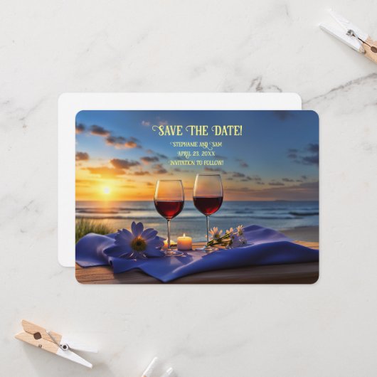 Save the Date Romantische Beach Wijn Aankondiging (Voorkant / Achterkant in situ)