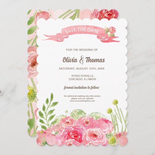 Save the date. Romantische Waterverf Rozen bruilof Kaart (Voorkant / Achterkant)