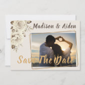 Save the date | Romantische witte rustieke Rozen Aankondiging (Voorkant)