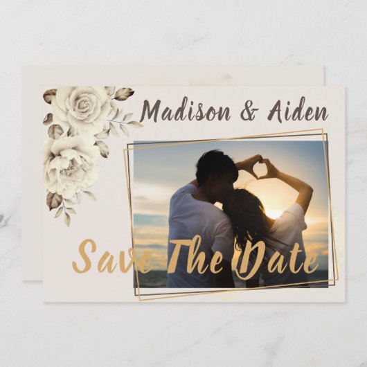 Save the date | Romantische witte rustieke Rozen Aankondiging (Voorkant / Achterkant)