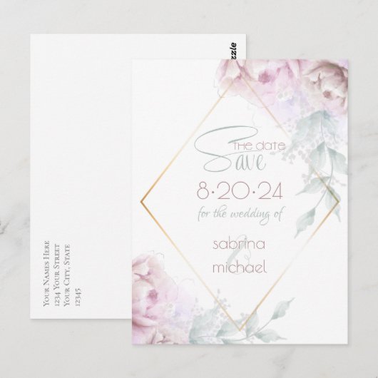 Save the date | Roos Blush Cream Waterverf Peony Briefkaart (Voorkant / Achterkant)