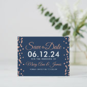 Save the Date Roos Gold Glitter Confetti Navy Blue Briefkaart (Staand voorkant)