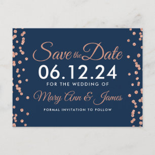 Save the Date Roos Gold Glitter Confetti Navy Blue Briefkaart