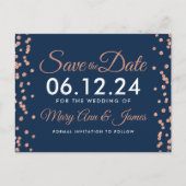 Save the Date Roos Gold Glitter Confetti Navy Blue Briefkaart (Voorkant)