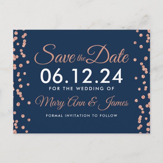 Save the Date Roos Gold Glitter Confetti Navy Blue Briefkaart (Voorkant)