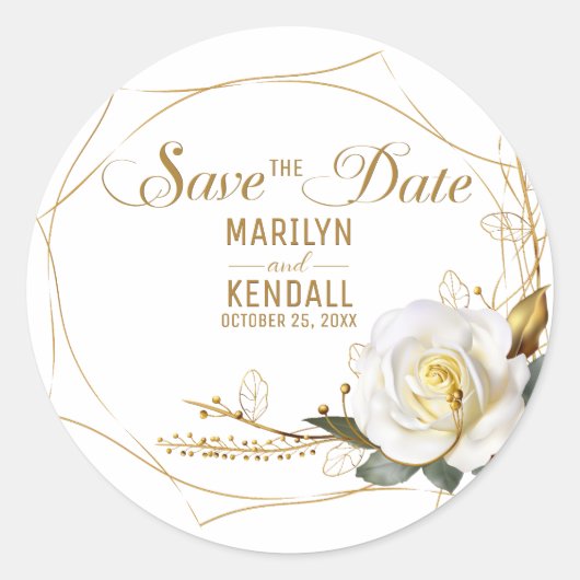 Save the Date Roos Gold Wedding Ronde Sticker (Voorkant)