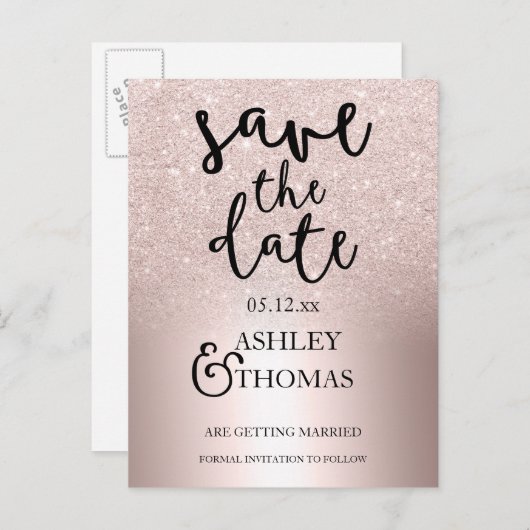 Save the Date Roos goudglitter ombre metallic Aankondigingskaart (Voorkant / Achterkant)