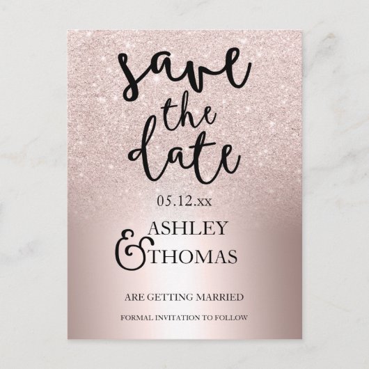 Save the Date Roos goudglitter ombre metallic Aankondigingskaart (Voorkant)