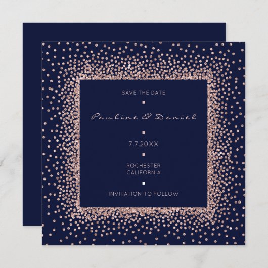 Save The Date Rose Goud Blauw Navy Glitter Monogra (Voorkant / Achterkant)