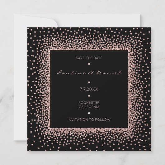 Save The Date Rose Goud Zwart Glitter Monogram Lux (Voorkant)