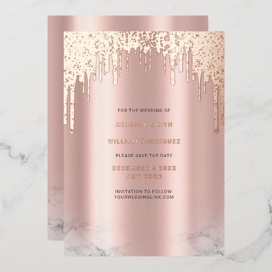Save The Date Rosegold Glitter Drips Pink Folie Feestdagenkaart (Voorkant / Achterkant)