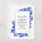 Save the date. Royal Blue Floral Wedding Cards Kaart (Voorkant)