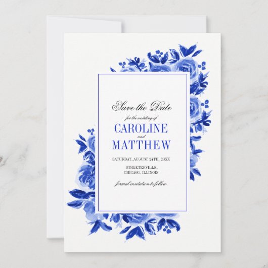 Save the date. Royal Blue Floral Wedding Cards Kaart (Voorkant)