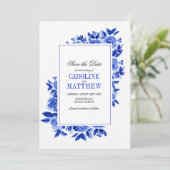Save the date. Royal Blue Floral Wedding Cards Kaart (Staand voorkant)